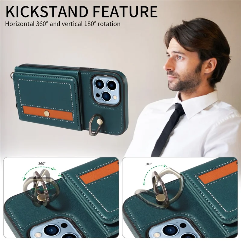 007 For iPhone 13 Pro Max Case Ring Kickstand PU Leather Coated TPU Phone Cover - Blue