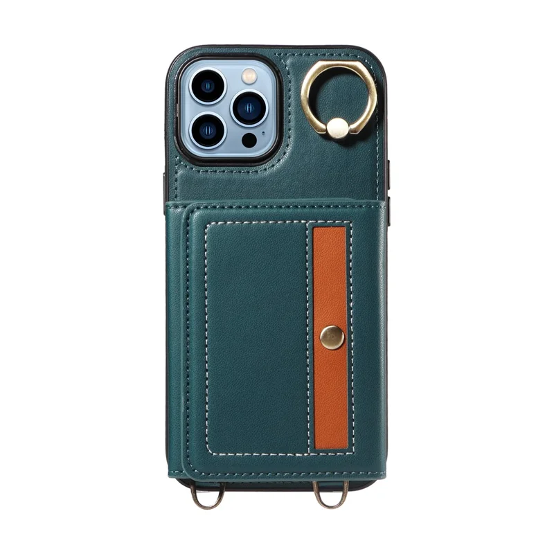 007 For iPhone 13 Pro Max Case Ring Kickstand PU Leather Coated TPU Phone Cover - Blue