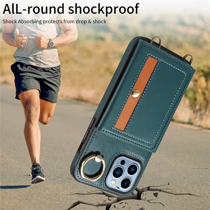 007 For iPhone 13 Pro Max Case Ring Kickstand PU Leather Coated TPU Phone Cover - Blue