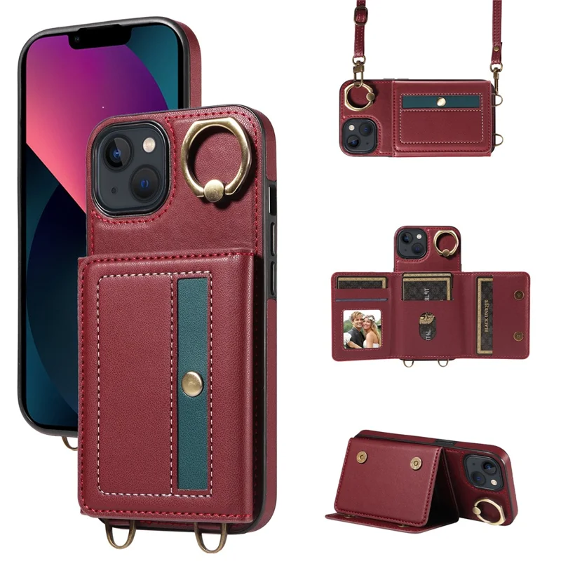 007 For iPhone 13 Case Ring Kickstand Calf Texture Leather Phone Back Cover - Wine Red