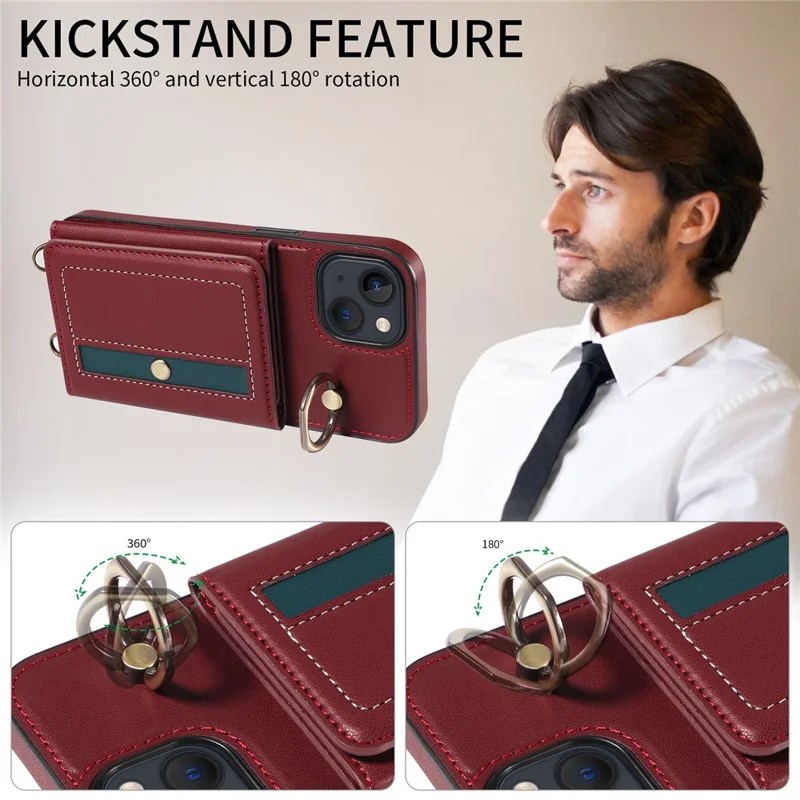 007 For iPhone 13 Case Ring Kickstand Calf Texture Leather Phone Back Cover - Wine Red