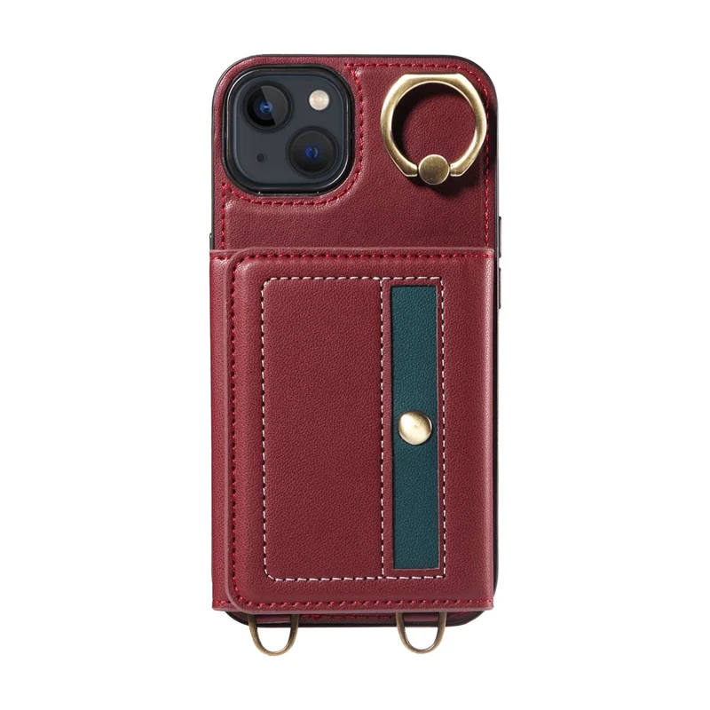007 For iPhone 13 Case Ring Kickstand Calf Texture Leather Phone Back Cover - Wine Red