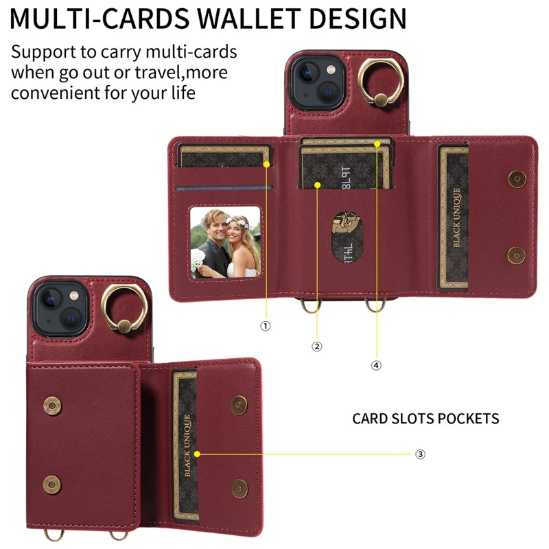 007 For iPhone 13 Case Ring Kickstand Calf Texture Leather Phone Back Cover - Wine Red