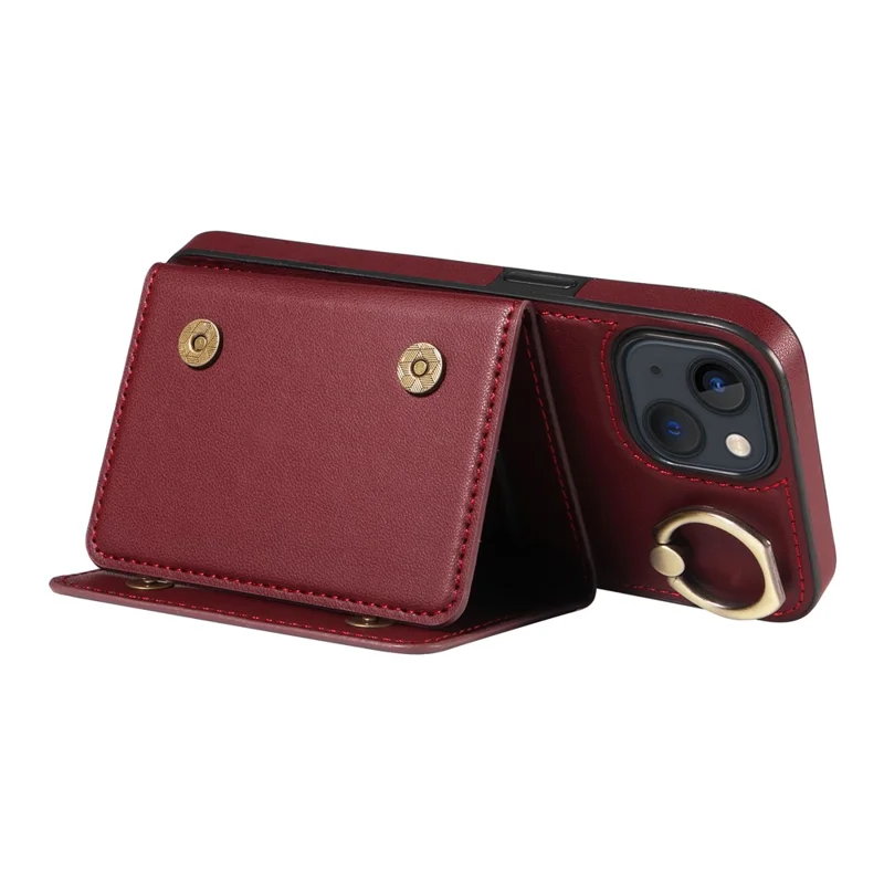 007 For iPhone 13 Case Ring Kickstand Calf Texture Leather Phone Back Cover - Wine Red