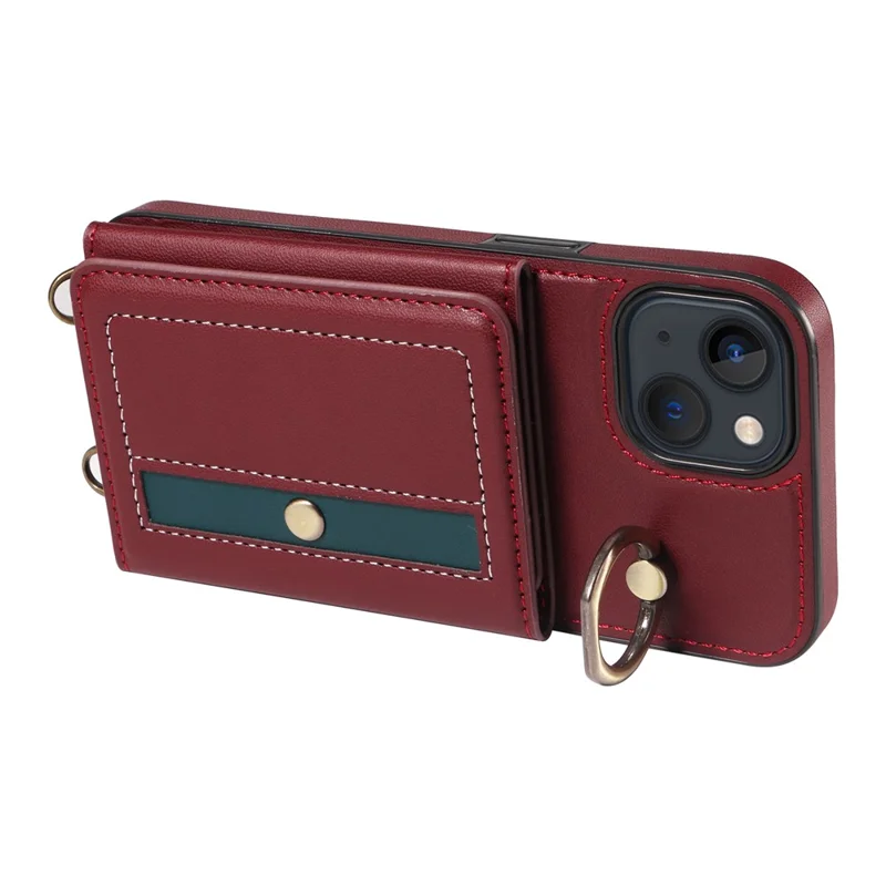 007 For iPhone 13 Case Ring Kickstand Calf Texture Leather Phone Back Cover - Wine Red