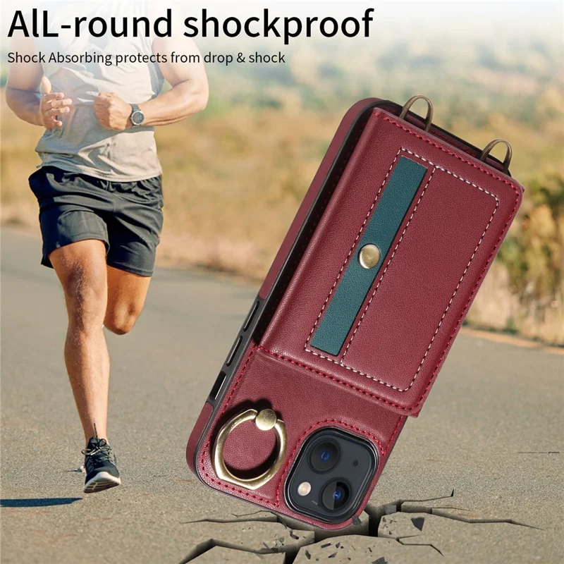 007 For iPhone 13 Case Ring Kickstand Calf Texture Leather Phone Back Cover - Wine Red