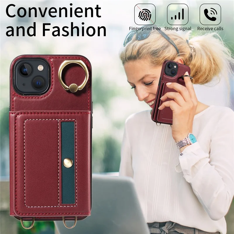 007 For iPhone 13 Case Ring Kickstand Calf Texture Leather Phone Back Cover - Wine Red