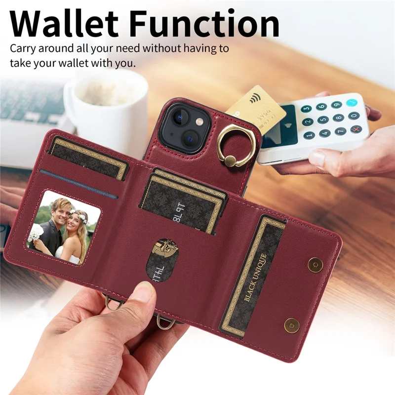 007 For iPhone 13 Case Ring Kickstand Calf Texture Leather Phone Back Cover - Wine Red