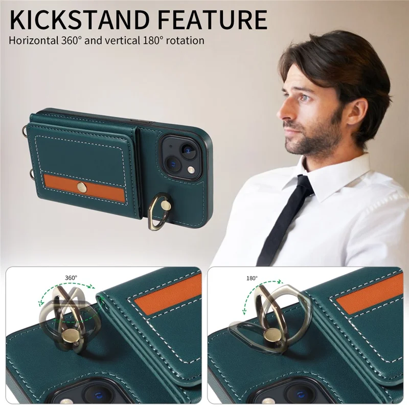 007 For iPhone 13 Case Ring Kickstand Calf Texture Leather Phone Back Cover - Blue