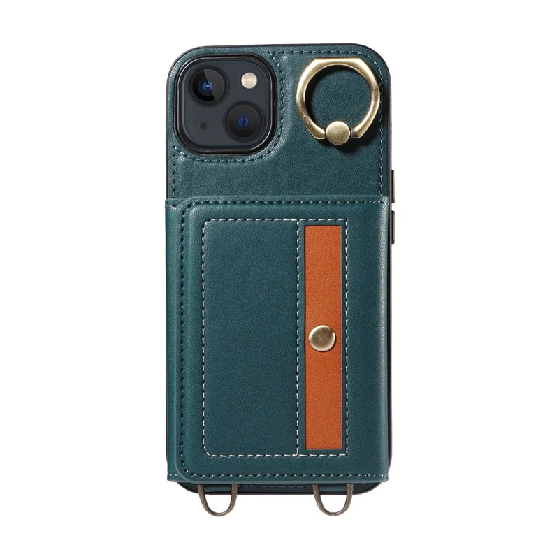 007 For iPhone 13 Case Ring Kickstand Calf Texture Leather Phone Back Cover - Blue