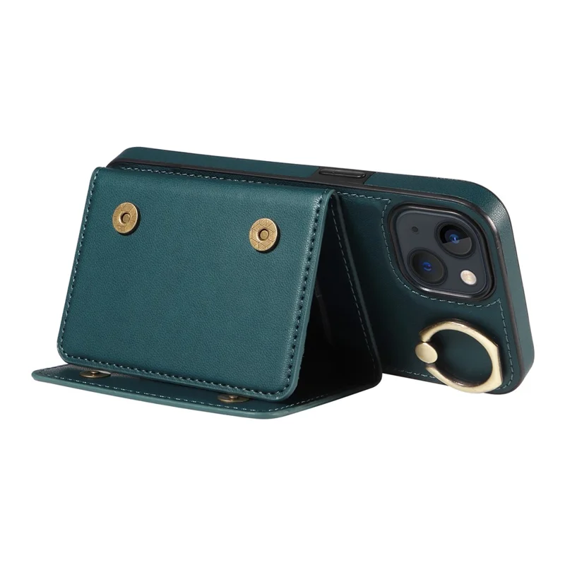 007 For iPhone 13 Case Ring Kickstand Calf Texture Leather Phone Back Cover - Blue