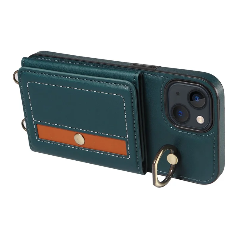 007 For iPhone 13 Case Ring Kickstand Calf Texture Leather Phone Back Cover - Blue