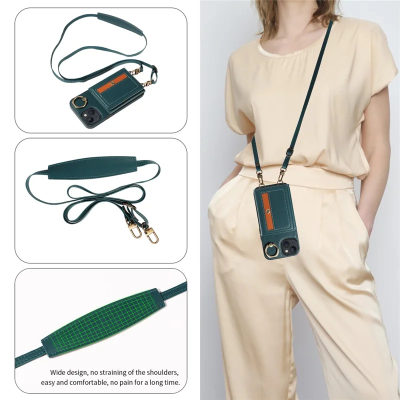 007 For iPhone 13 Case Ring Kickstand Calf Texture Leather Phone Back Cover - Blue