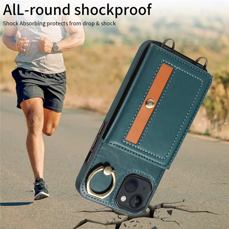 007 For iPhone 13 Case Ring Kickstand Calf Texture Leather Phone Back Cover - Blue