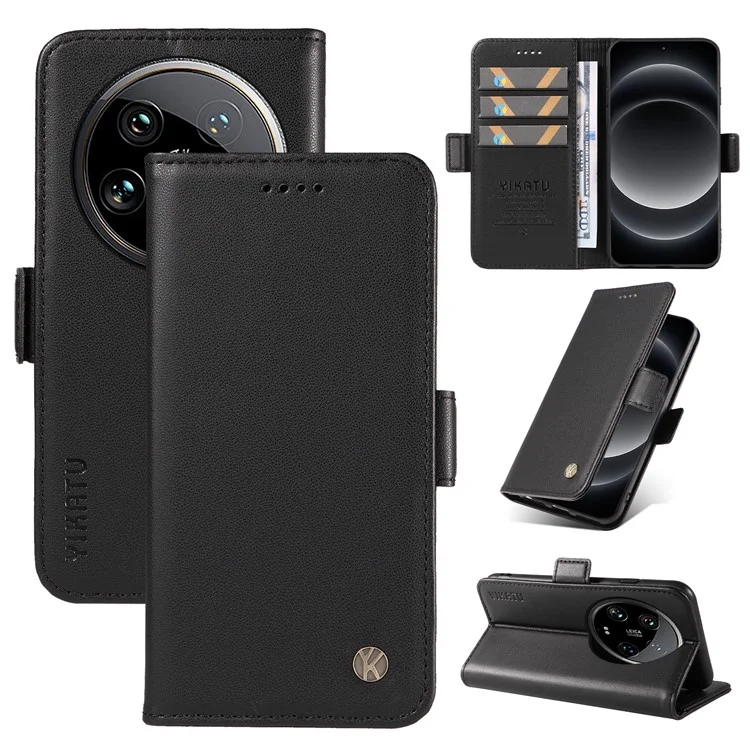 YIKATU YK-003 For Xiaomi 14 Ultra Case Anti-Scratch Leather Wallet Phone Cover - Black
