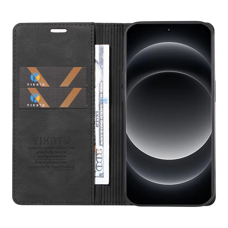 YIKATU YK-004 Para Xiaomi 14 Ultra Wallet Phone Case Skin-Touch Leather Flip Cover - Preto