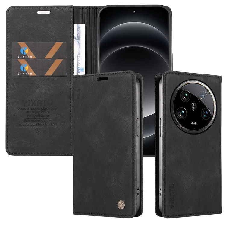 YIKATU YK-004 Para Xiaomi 14 Ultra Wallet Phone Case Skin-Touch Leather Flip Cover - Preto
