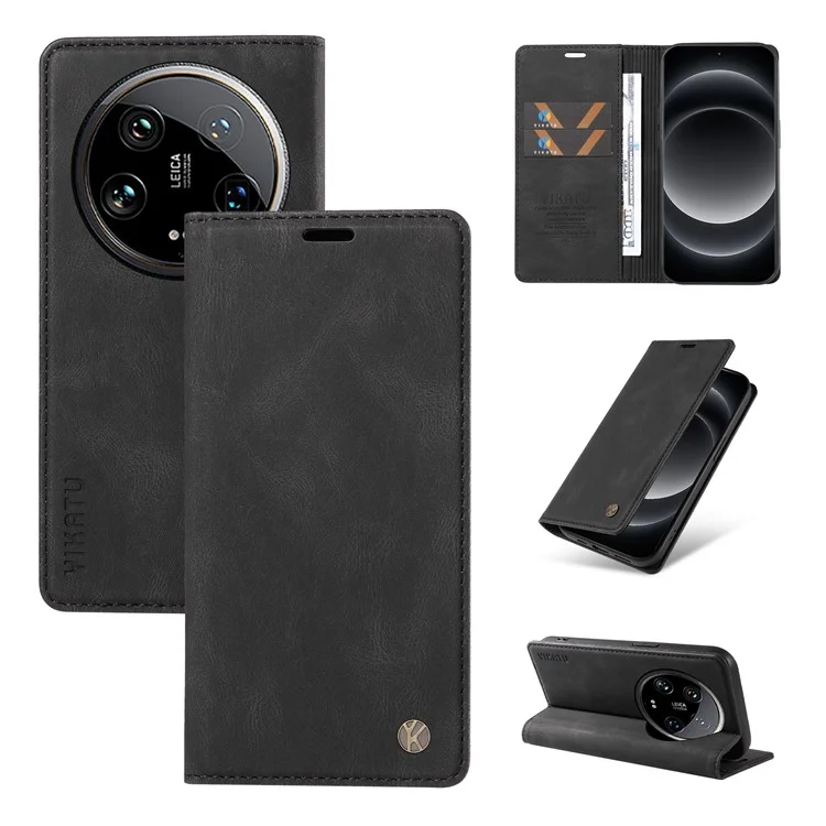 YIKATU YK-004 Para Xiaomi 14 Ultra Wallet Phone Case Skin-Touch Leather Flip Cover - Preto