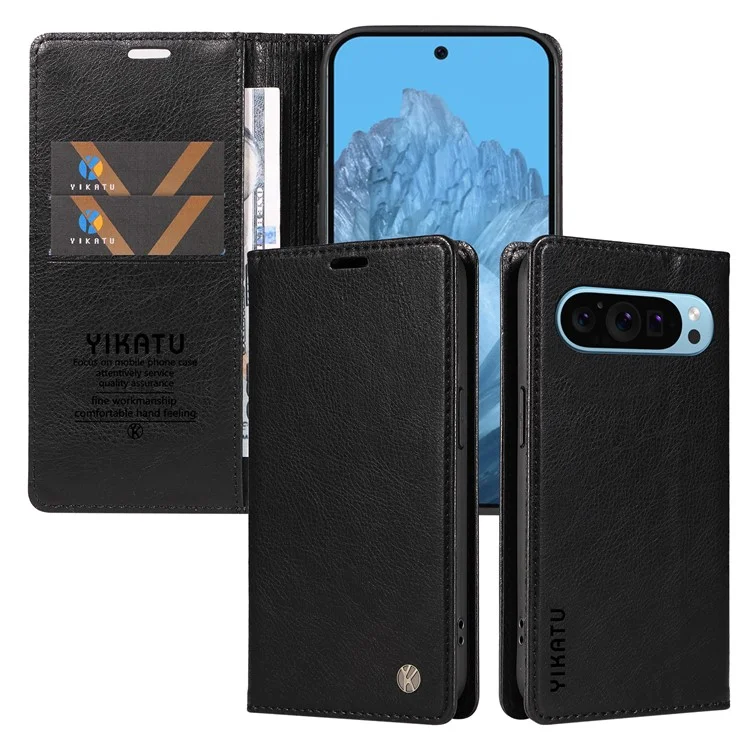 YIKATU YK-006 For Google Pixel 10 Pro / 10 / 9 Pro / 9 Case PU Leather Magnetic Closure Wallet Phone Cover - Black