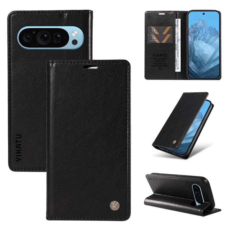 YIKATU YK-006 For Google Pixel 10 Pro / 10 / 9 Pro / 9 Case PU Leather Magnetic Closure Wallet Phone Cover - Black