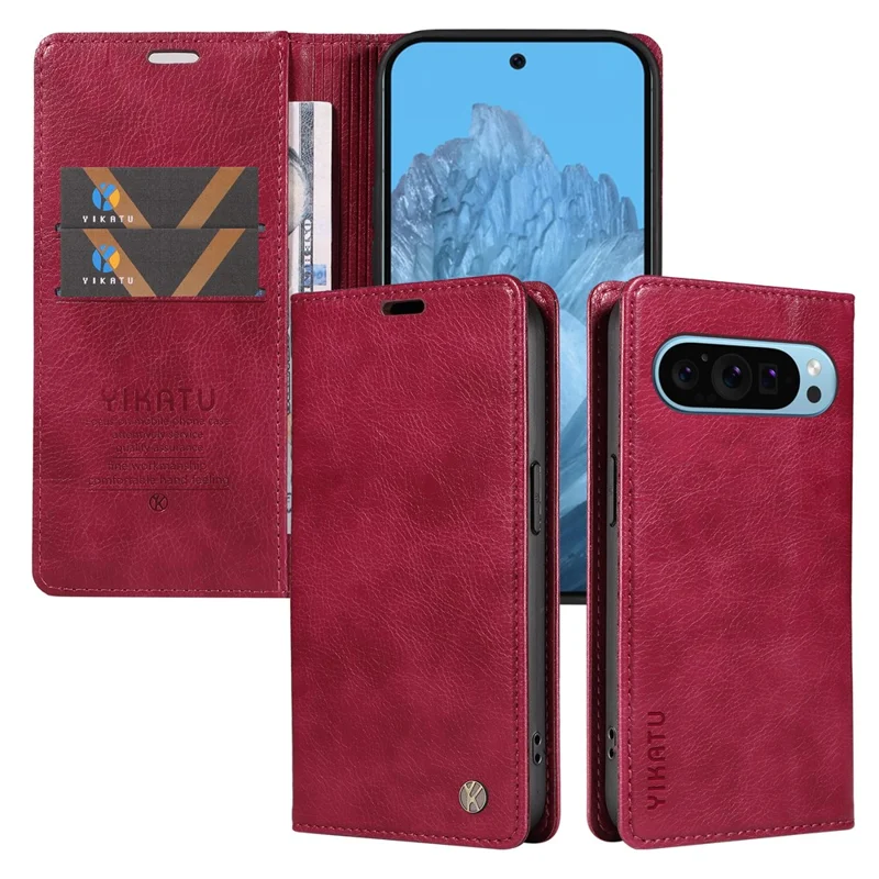 YIKATU YK-006 For Google Pixel 10 Pro / 10 / 9 Pro / 9 Case PU Leather Magnetic Closure Wallet Phone Cover - Wine Red