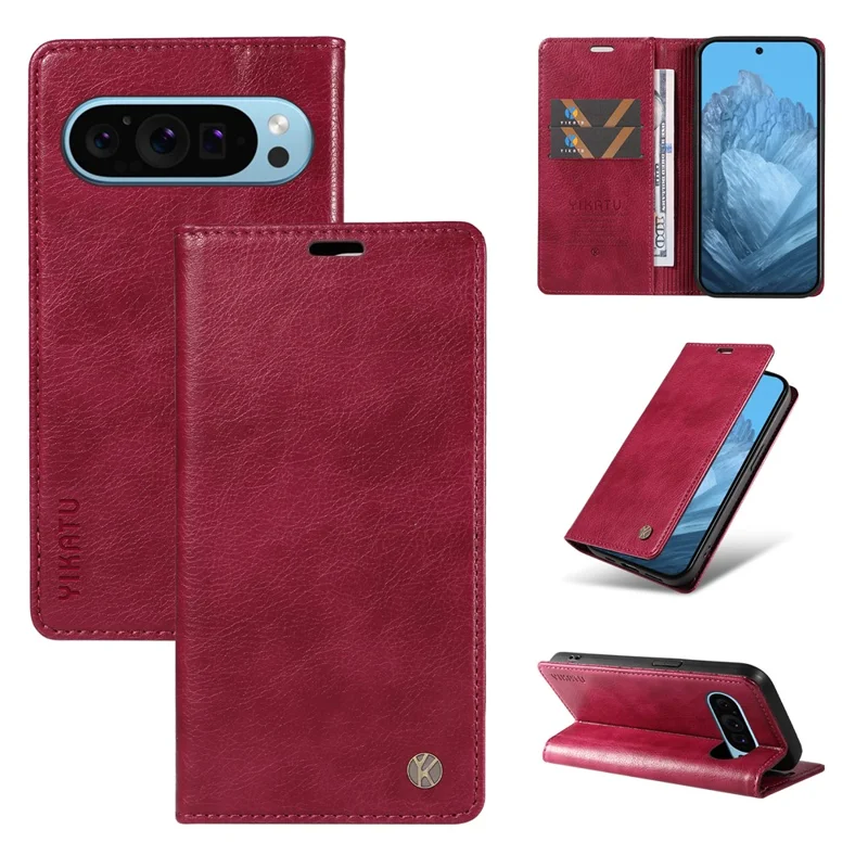 YIKATU YK-006 For Google Pixel 10 Pro / 10 / 9 Pro / 9 Case PU Leather Magnetic Closure Wallet Phone Cover - Wine Red