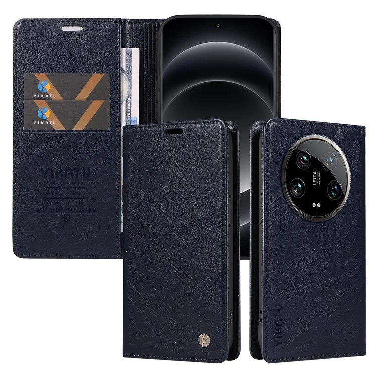 YIKATU YK-006 Para Xiaomi 14 Ultra Carteira Capa Fechamento Magnético Couro Textura Litchi Capa de Telefone - Azul Marinho