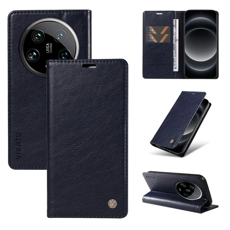 YIKATU YK-006 Para Xiaomi 14 Ultra Carteira Capa Fechamento Magnético Couro Textura Litchi Capa de Telefone - Azul Marinho