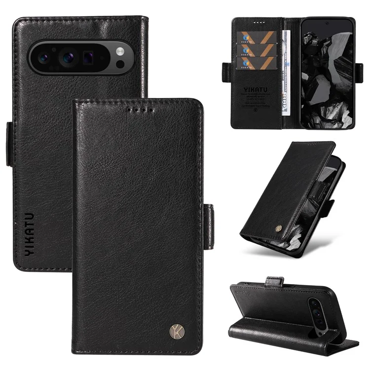 YIKATU YK-007 para Google Pixel 9 Pro XL Case Litchi Texture PU Leather Wallet Phone Cover - Preto