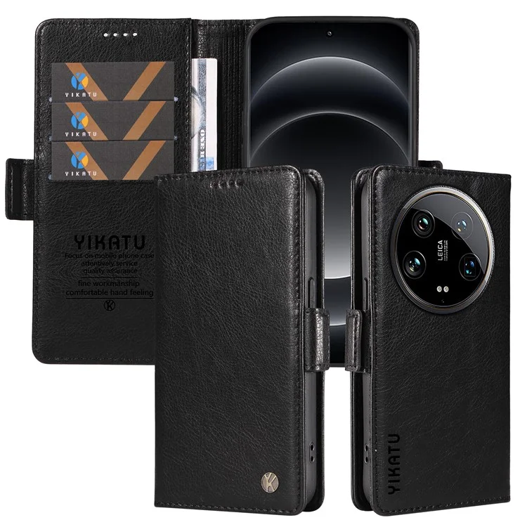 YIKATU YK-007 Für Xiaomi 14 Ultra Hülle PU-Leder Ständer Folio Kartenfach Handyhülle - Schwarz