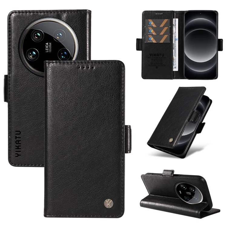 YIKATU YK-007 Für Xiaomi 14 Ultra Hülle PU-Leder Ständer Folio Kartenfach Handyhülle - Schwarz