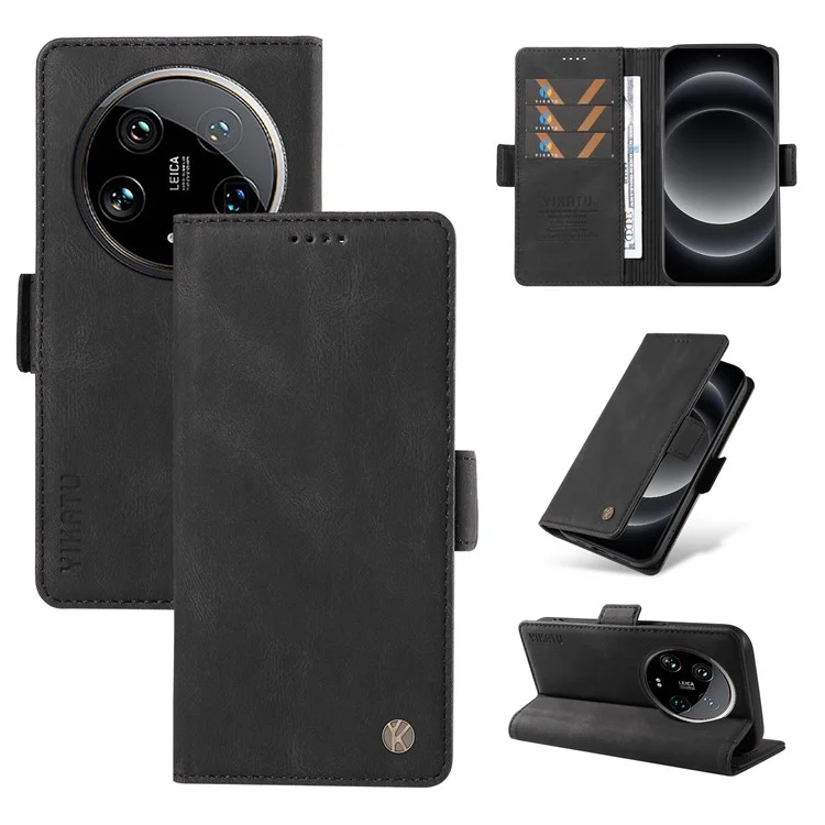 YIKATU YK-005 Para Xiaomi 14 Ultra Case Wallet Leather Shockproof Phone Cover - Preto
