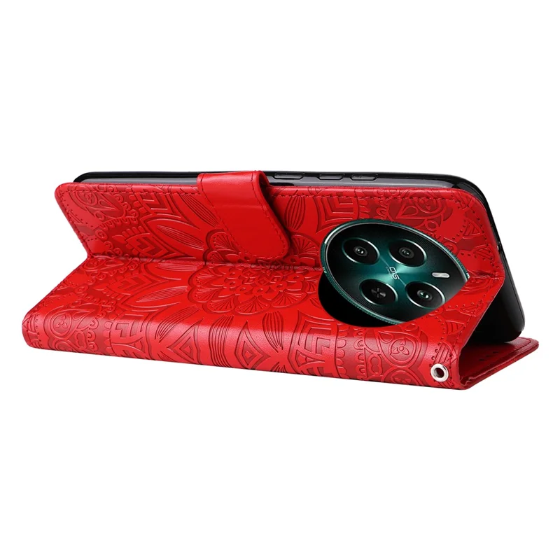 For Realme 12 4G / 12+ 5G Wallet Case Sunflower Imprinted Leather Flip Phone Cover - Red