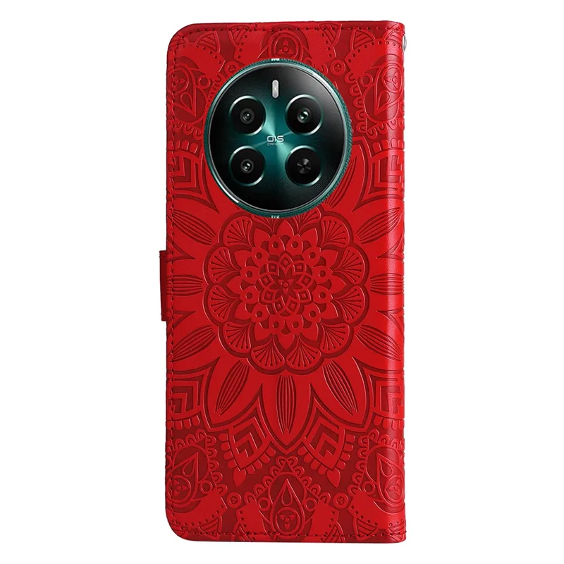 For Realme 12 4G / 12+ 5G Wallet Case Sunflower Imprinted Leather Flip Phone Cover - Red
