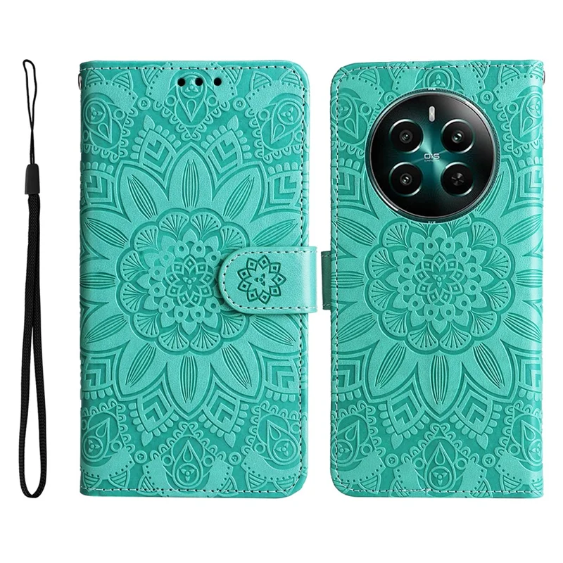 For Realme 12 4G / 12+ 5G Wallet Case Sunflower Imprinted Leather Flip Phone Cover - Green
