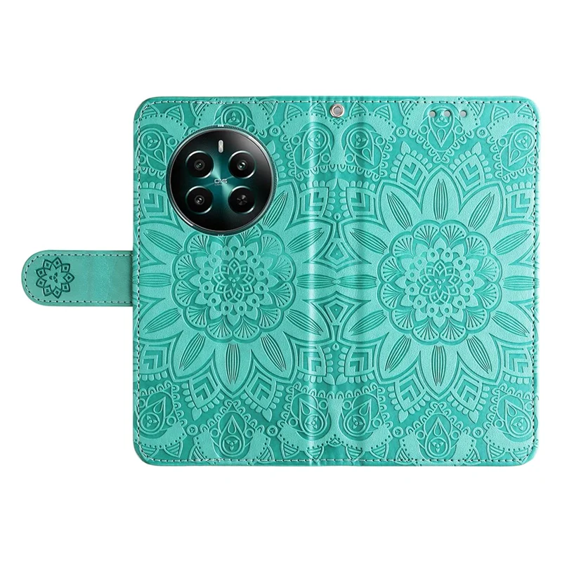 For Realme 12 4G / 12+ 5G Wallet Case Sunflower Imprinted Leather Flip Phone Cover - Green