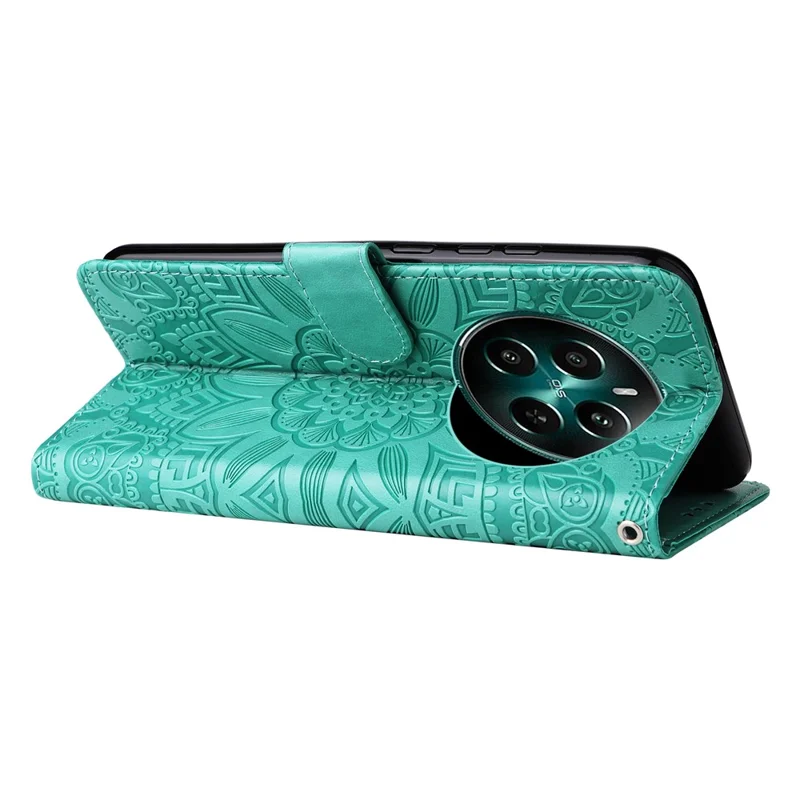 For Realme 12 4G / 12+ 5G Wallet Case Sunflower Imprinted Leather Flip Phone Cover - Green
