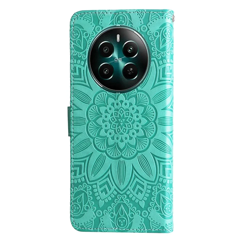 For Realme 12 4G / 12+ 5G Wallet Case Sunflower Imprinted Leather Flip Phone Cover - Green