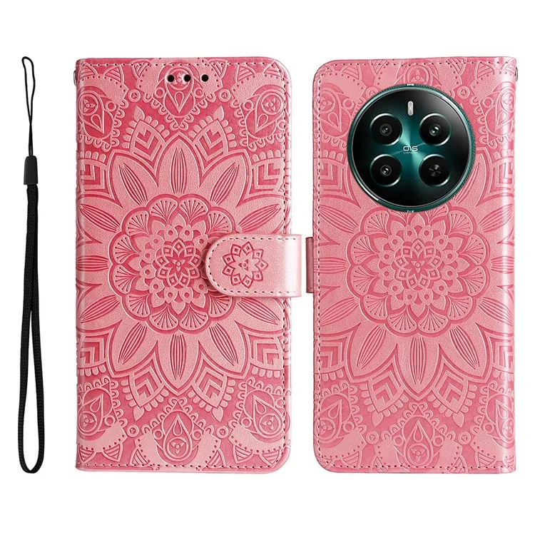For Realme 12 4G / 12+ 5G Wallet Case Sunflower Imprinted Leather Flip Phone Cover - Pink