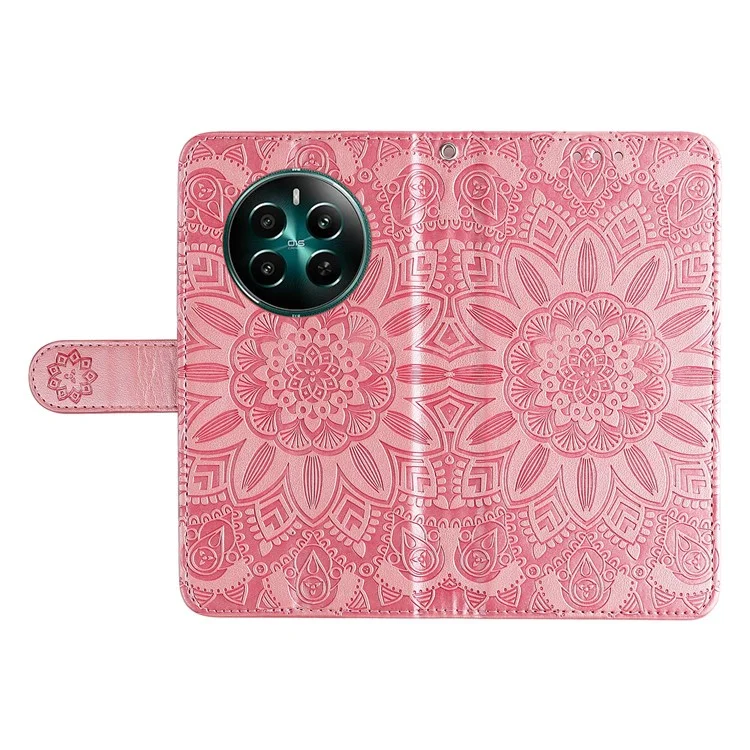 For Realme 12 4G / 12+ 5G Wallet Case Sunflower Imprinted Leather Flip Phone Cover - Pink
