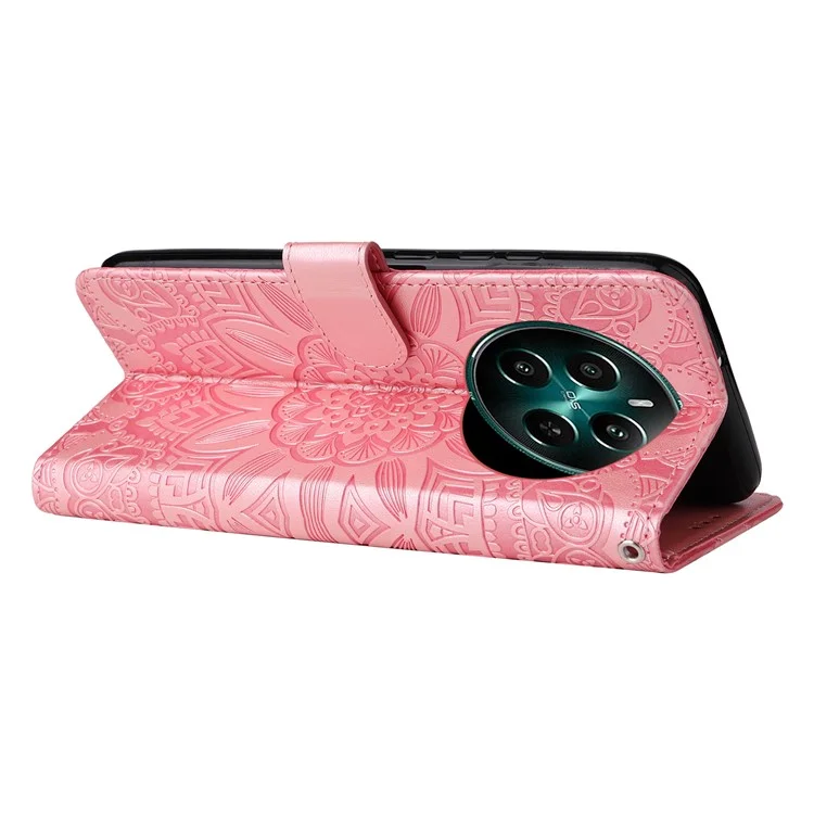 For Realme 12 4G / 12+ 5G Wallet Case Sunflower Imprinted Leather Flip Phone Cover - Pink