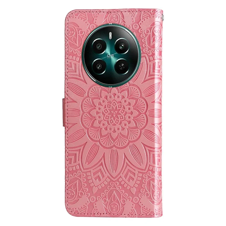 For Realme 12 4G / 12+ 5G Wallet Case Sunflower Imprinted Leather Flip Phone Cover - Pink