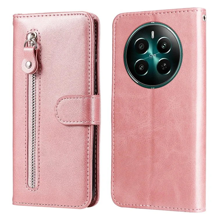 Para Realme 12 4G / 12+ 5G Case 3 Slots de Cartão Bolso com Zíper Capa de Telefone de Couro - Rosa