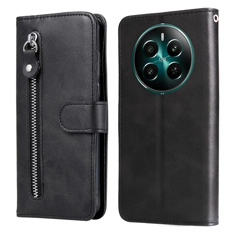 For Realme 12 4G / 12+ 5G Case 3 Card Holder Slots Zipper Pocket Leather Phone Cover - Black