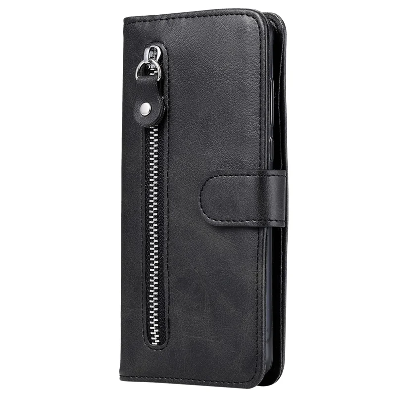 For Realme 12 4G / 12+ 5G Case 3 Card Holder Slots Zipper Pocket Leather Phone Cover - Black