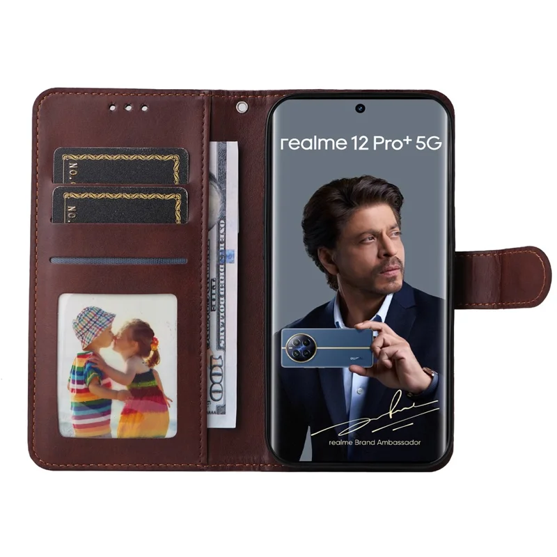 For Realme 12 Pro 5G / 12 Pro+ 5G Case Leather Folding Stand Phone Cover with 3 Card Holder - Brown