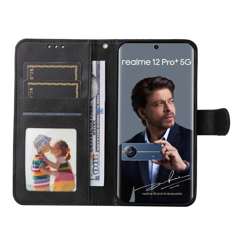 For Realme 12 Pro 5G / 12 Pro+ 5G Case Leather Folding Stand Phone Cover with 3 Card Holder - Black
