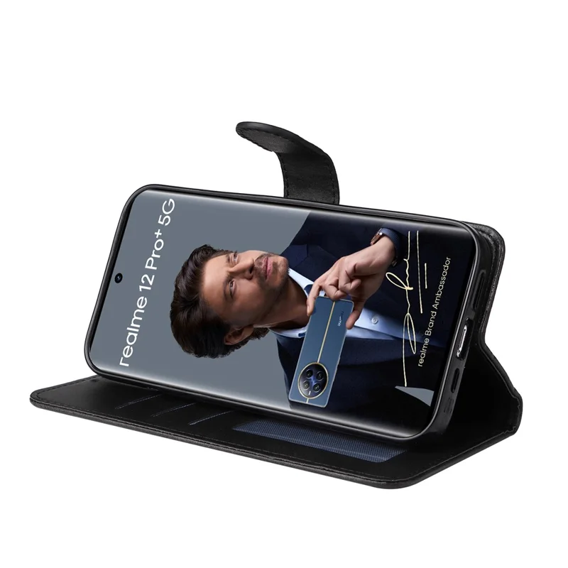 For Realme 12 Pro 5G / 12 Pro+ 5G Case Leather Folding Stand Phone Cover with 3 Card Holder - Black