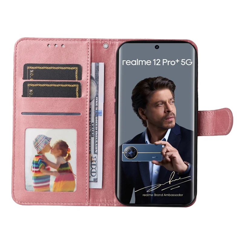 For Realme 12 Pro 5G / 12 Pro+ 5G Case Leather Folding Stand Phone Cover with 3 Card Holder - Pink