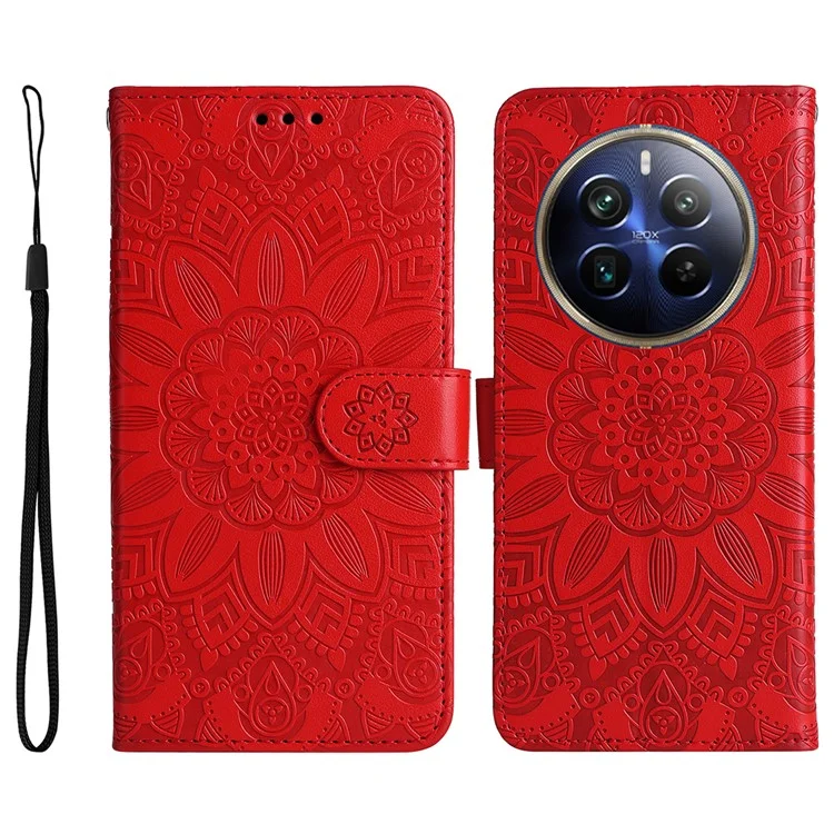 Para Realme 12 Pro 5G / 12 Pro+ 5G Leather Case Imprinted Sunflower Flip Folio Wallet Phone Cover - Vermelho